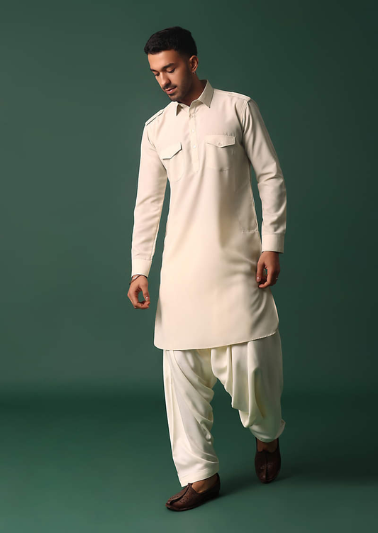 Men’s White Double Pocket Shalwar Kameez