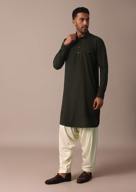 Men’s Green & White Contrasted Shalwar Kameez