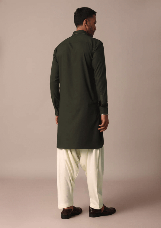 Men’s Green & White Contrasted Shalwar Kameez