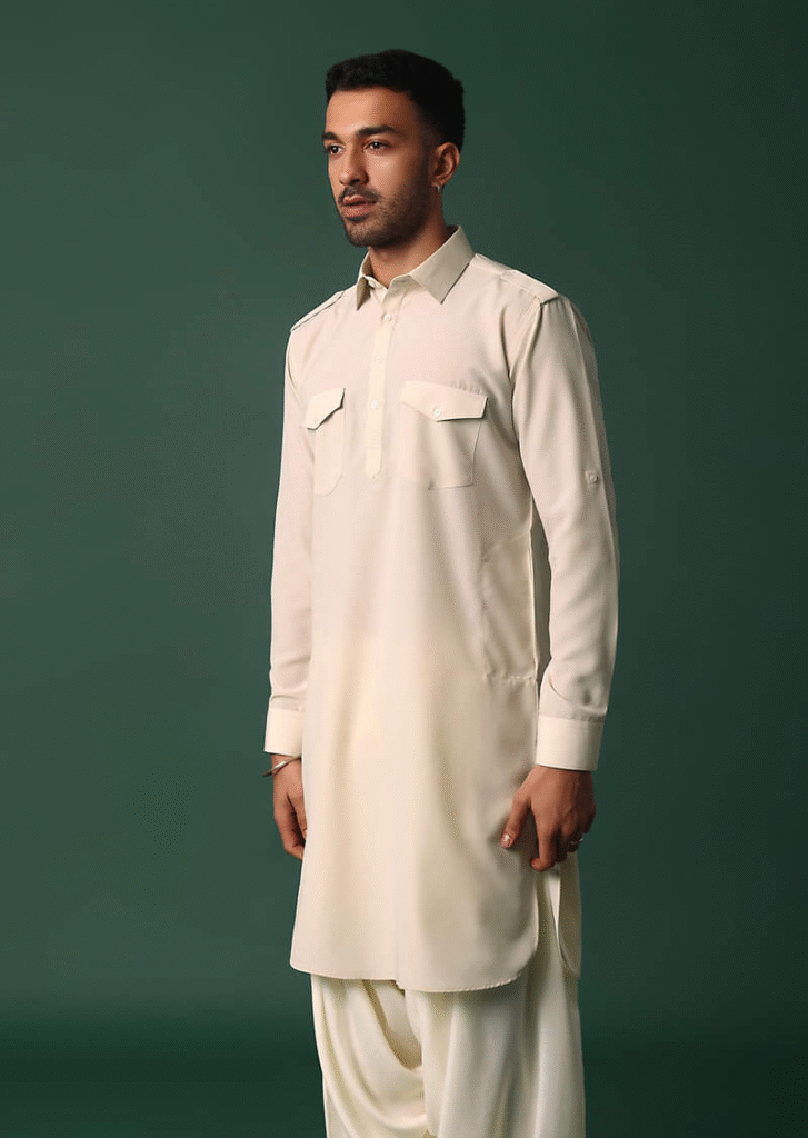 Men’s White Double Pocket Shalwar Kameez