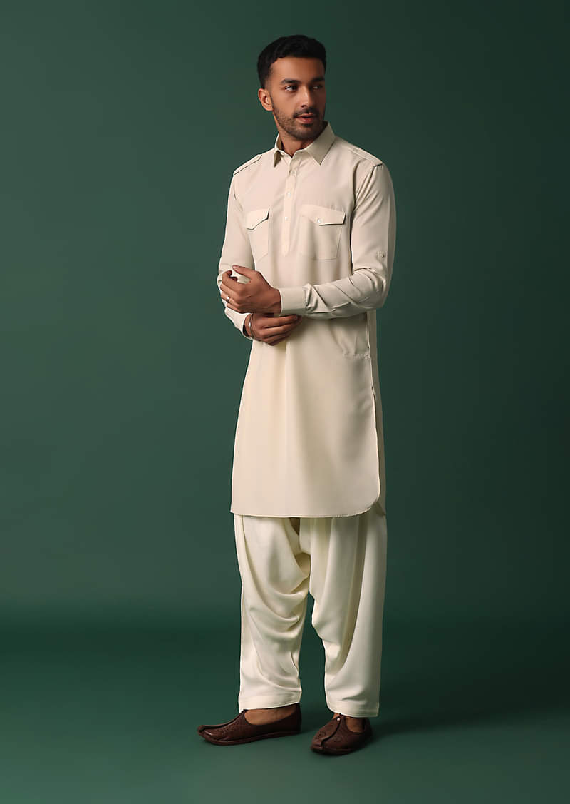 Men’s White Double Pocket Shalwar Kameez