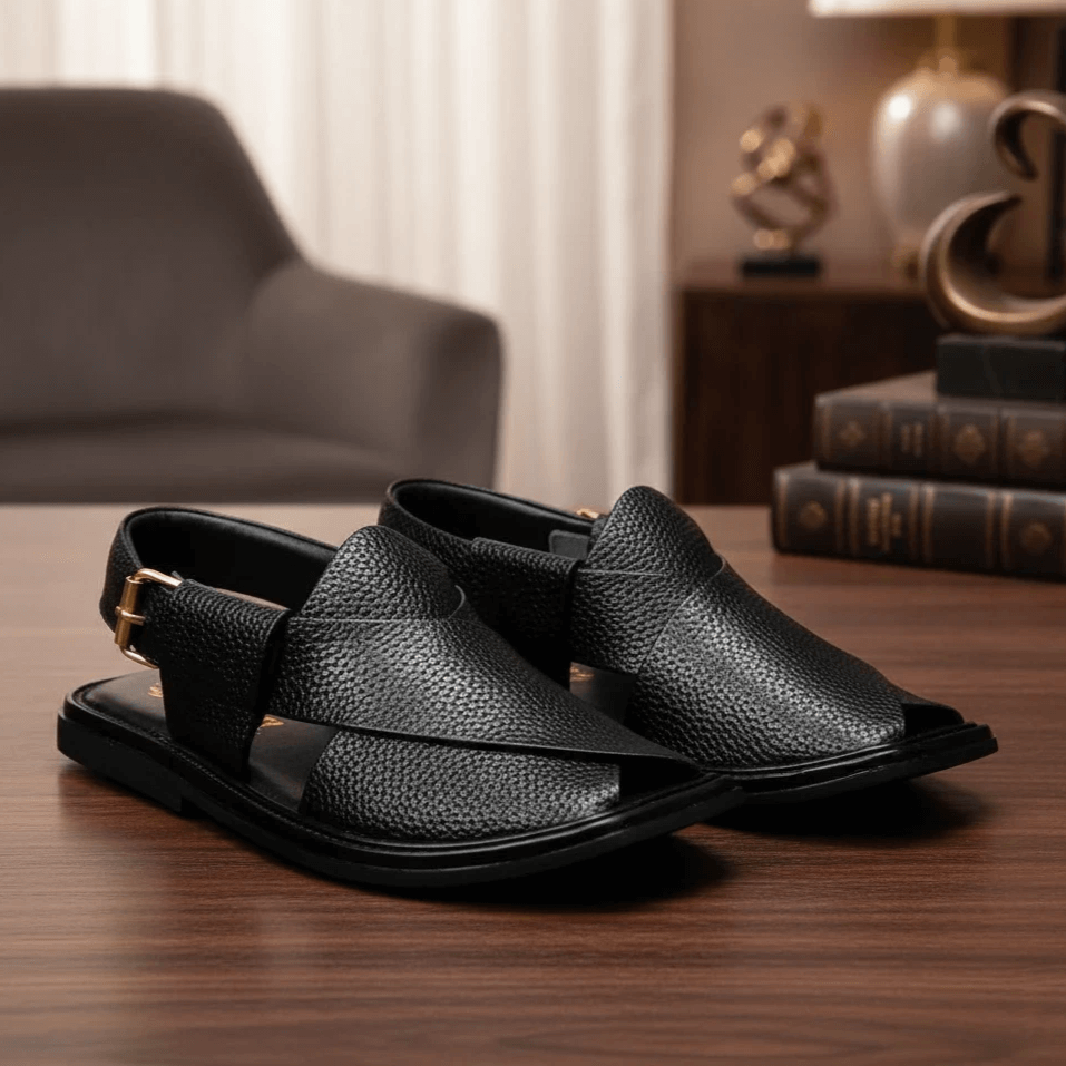 Black Dotted Leather Peshawari Chappal
