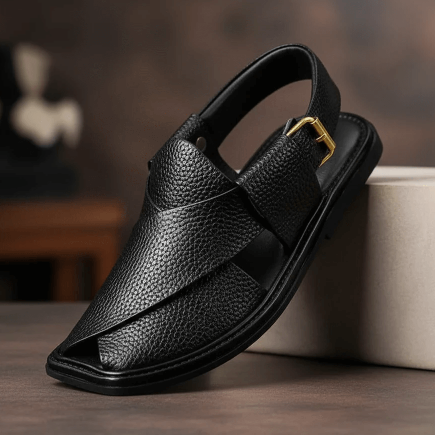 Black Dotted Leather Peshawari Chappal